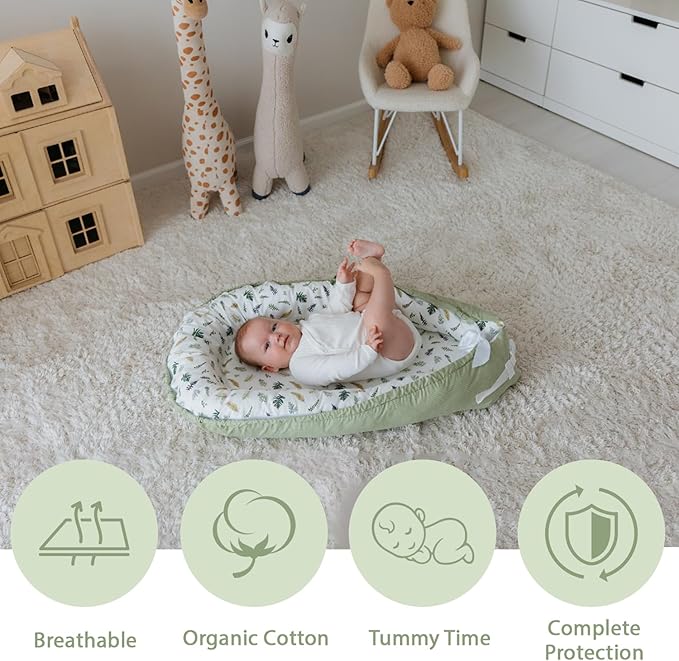 Aila+Aiden Baby Lounger | Organic Cotton Infant Lounger | Reversible, Adjustable & Portable Floor Lounger |Supervised Use | Soft, Breathable, Washable Cover - Star Collection (Sage Leaf)