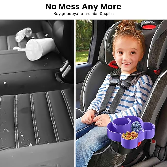 Car Seat Tray - Convert Cup Holder to a Tray for Snacks, Toys, 360° Rotatable for Kids Travel, Booster, Stroller and Anywhere (Purple)
