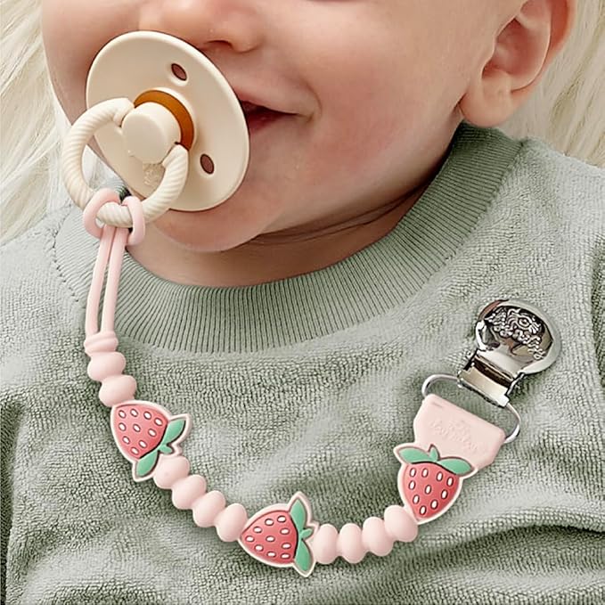 Itzy Ritzy Silicone Pacifier Clip – 100% Food Grade Silicone Pacifier Strap with Clip Keeps Pacifiers, Teethers & Small Toys in Place – Features One-Piece Design & Cord (Strawberry)