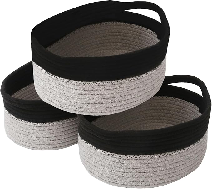 JMvicyroam Woven Basket,Small Rope Storage Bin with Handles & Ribbon Bag, Organizer for Shelves Closets,Gift Basket Empty for Birthday,Books,Dog Toys, Black&Grey/3 Pack