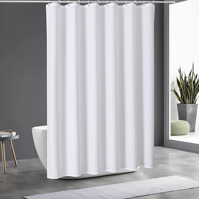 MitoVilla White Waffle Shower Curtain 72 x 78, Weighted Fabric Long Shower Curtain Set, Modern Farmhouse Shower Curtain for Bathroom Decor, Luxury Hotel Cloth Shower Curtains 78 inch Long