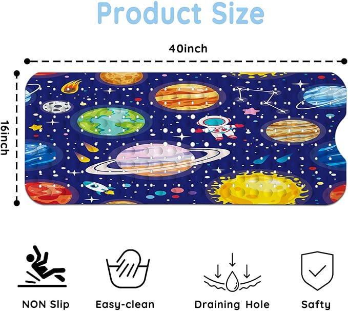 KINUUIS Bathtub Mats for Kids, Blue Outer Space Bath Mat for Tub Non Slip, 40 X 16 Inch Large Washable Bathtub Mat Non Slip for Showers with Drain Holes and Suction Cups