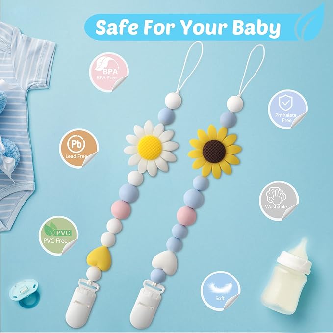 Silicone Pacifier Clip, 2 Pack Pacifier Holder for Boys and Girls, Adorable Sunflower Pacifier Clips Fits for Most Pacifier, Baby Teethers, Baby Shower and Baby Gift(White&Yellow)