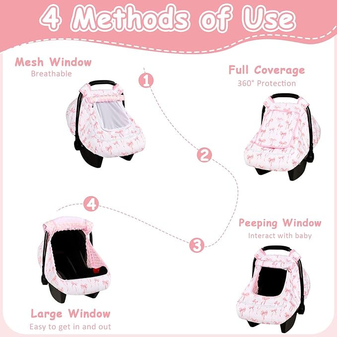 Baby Car Seat Cover with Mesh Window, Windproof Carseat Cover for Infant Girls, Infant Carseat Canopy with with Dual Zipper, Compatible with Most Baby Car Seat, Pink Bow