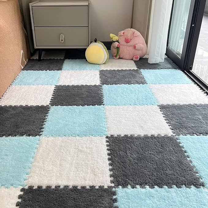 12pcs Carpet Squares Puzzle Floor Mat, Plush Interlocking Carpet Tiles, Anti Slip EVA Foam Jigsaw Floor Tiles, Build A Safe Area for Bedroom Playroom (White+Blue+Grey)