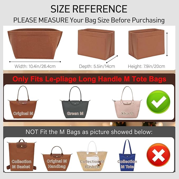Felt Purse Organizer Insert Compatible with Longchamp Le Plaige M Tote Bag(Long Handle), Zipper Long Champ Medium Organizer with Cup Holder for Tote Handbags, 8 Compartments (Gold Brown,M)
