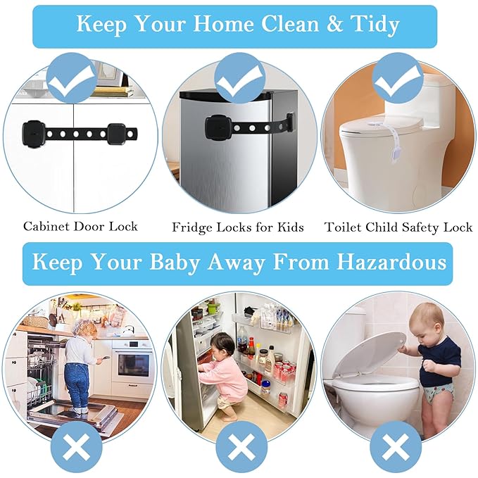 Fursafe&Q Cabinet Locks Baby Proofing, Baby Drawer Safety Locks -Adhesive Child Safety Lock Straps Adjustable Door Latch for Fridge Toilet Oven No Drill Furniture Kitchen Lock