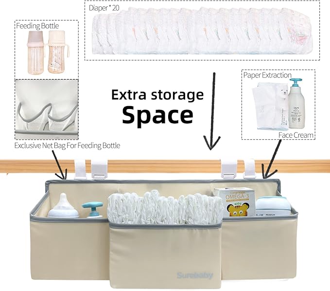 Hanging Baby Diaper Caddy, 3-in-1 Diaper Caddy Organizer Holder For Baby Crib, Nursery Organization Diaper Stacker Storage For Crib, Changing Table, Car, Wall-Beige