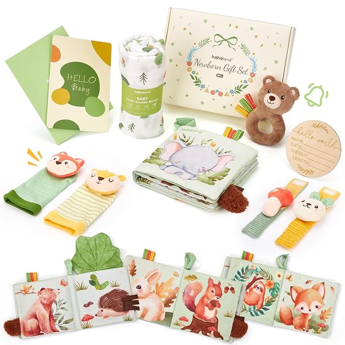 hahaland Baby Newborn Shower Gifts for Boys & Girls with Swaddle Blanket, Rattle Socks and Wristband Set, Plush Rattle, Soft Baby Crinckle Book, Wooden Milestone Card, 0 3 6 12 Months Baby Sensory Toy