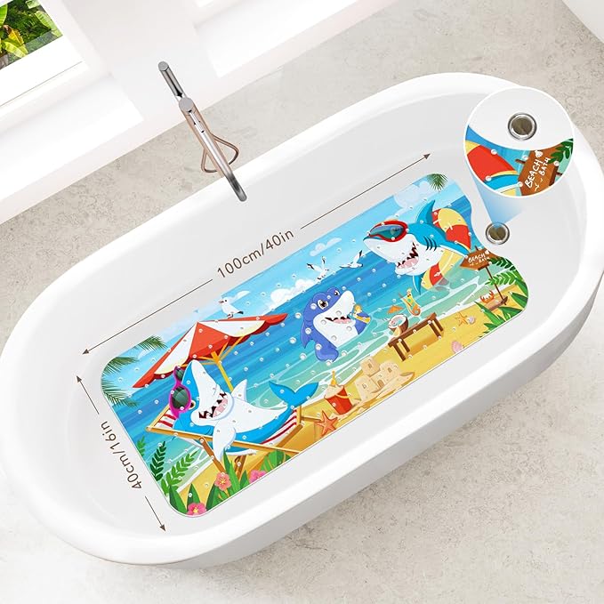 SHUCHING Baby Bath Mat for Tub Non Slip-40 X 16 Inch, Bathtub Mat Non Slip for Kids, Toddler Long Shower Mat for Bathroom, Shark