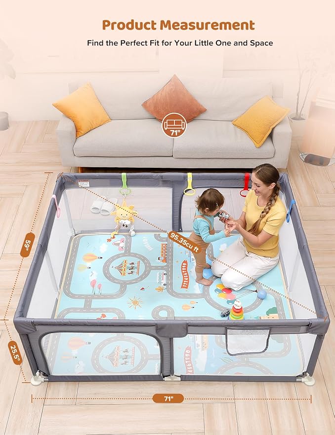 Dripex Baby Playpen with Mat, 71"x59" Play Pen for Toddlers 1-3 Years, Soft Breathable Visible Mesh, Indoor/Outdoor Portable Play Yard with Mat, Safe Baby Fence Play Area, Grey