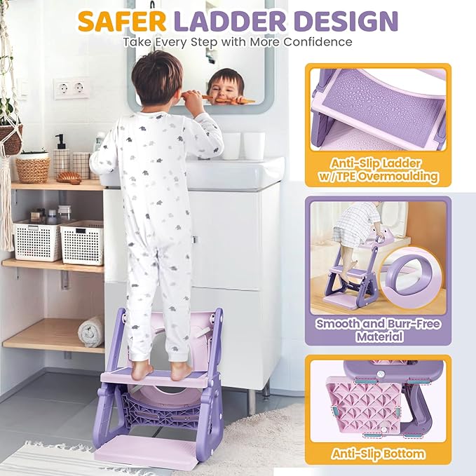 Orzbow Frog Potty Training Seat, Toddler Toilet Seat with Step Stool Ladder, 2-in-1 Potty Training Toilet Essentials for Boys Girls, Adjustable Height, Non-Slip Step and Splash Guard Design, Pink