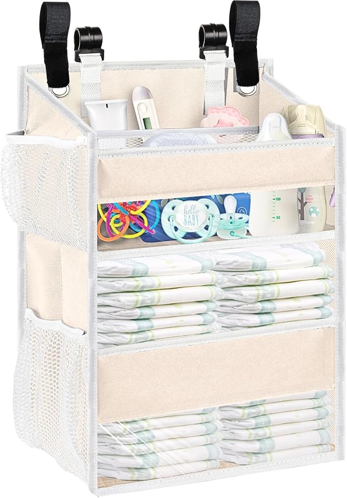 Ofiray-home Hanging Diaper Organizer for Changing Table,Cribs,Car,Playard or Wall & Nursery Organization - Spacious & Durable 2-Tier Diaper Organizer- Hold 90+ Diapers, Won't Deform, Beige