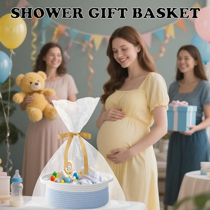Small Woven Rope Basket-Empty Gifts Basket with Bag and Ribbons,Cute Handle Organizer Box for Birthday/Baby Shower, Toy Storage, Nursery Organizing & Shelf Decor(White&Blue)