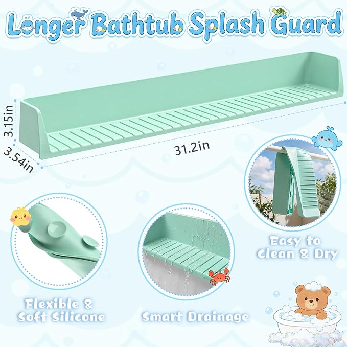 Splash Guard for Bathtub, Silicone Bathtub Splash Guard with Suction Cups, Bath Toys Holder Shelf, Bath Tub Side Tray for Bathroom Storage and Water Spill Prevention, Green