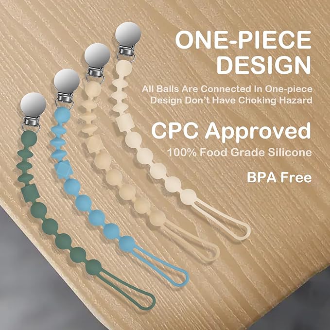 Silicone Pacifier Clips for Boys, 4 Pack One Piece Soft Flexible Pacifier Holder Clip Binky Clips for Boys