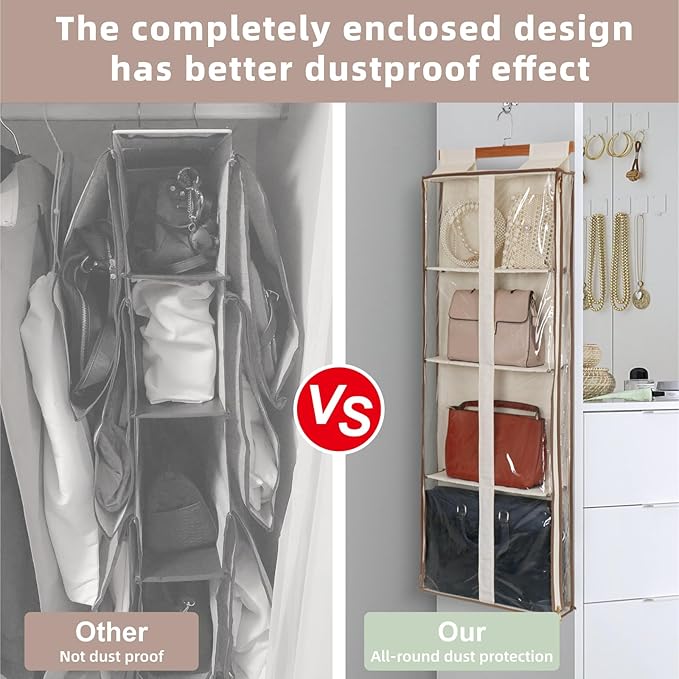 JINOKADI Clear Hanging Handbag Storage Organizer with Zippers, Easy Access Purse,Toy,Yarn,Hat Storage Over The Door Purse Organizer Space Saving 4 Pockets for Closet Bedroom Living Room (Beige)