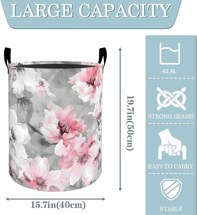 VODRM Peony Floral Pink White Flower Laundry Basket, Dirty Collapsible Clothes Toy Organizer Hamper for Kids Adults, Oxford Cloth Waterproof Storage Bin for Bathroom Home Decor Gifts, 19.7"X15.7"