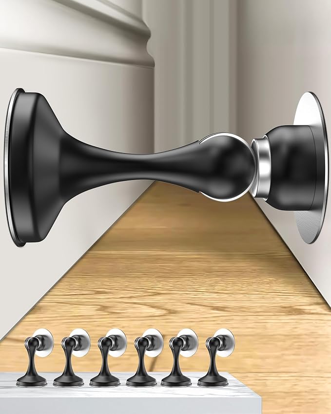 Crosize Magnetic Door Stoppers 6 Pack, Stainless Steel Door Stops for Wall and Floor Mounting, Door Holder Keep Door Open, No Drilling Door Stop with 3D Adhesive Tapes, Black