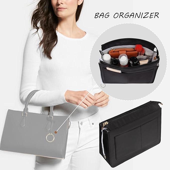 Vercord Purse Organizer Insert with Zipper for Women Hobo Handbags Shaper Insert 12 Pockets Bag Black X Large