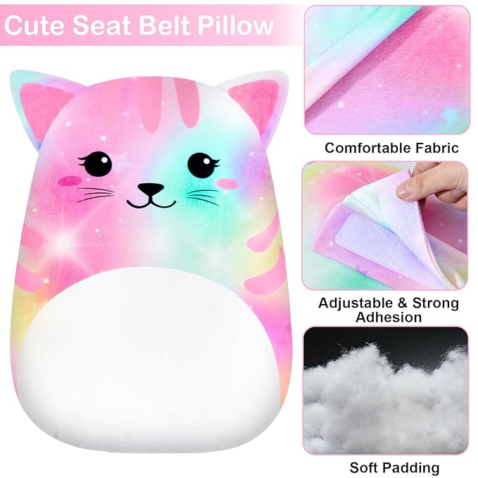 FIODAY Seatbelt Covers for Kids Car Seat Strap Pads Seat Belt Pillow Adjust Seat Belt Covers Seatbelt Cushion for Toddler Baby Boys Girls Travel Head Neck Shoulder Support, Pink Cat