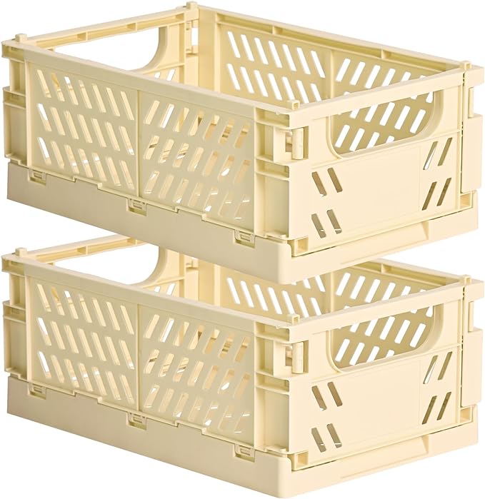 HUUSMOT 2-Pack Small Pastel Plastic Storage Baskets, Collapsible Crates for Organizing, Space-Saving Mini Bins for Classroom, Kitchen, Office, Bedroom (Yellow, 9.8" x 6.5" x 3.8")