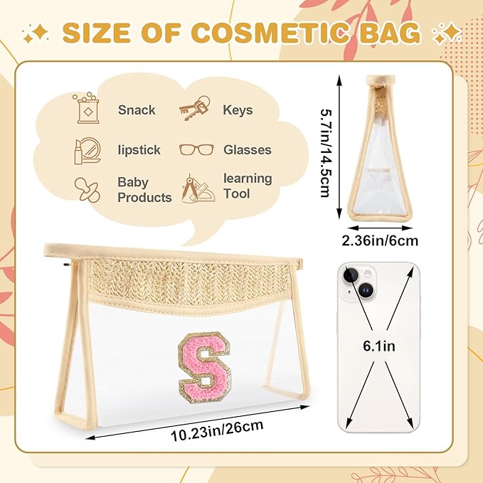 Small Boho Straw Initial Letter Makeup Bag Personalized Gift ,Cute Clear Chenille Patch Makeup Bag With Zipper,Trendy TSA Approved Travel Toiletry Bag,Gift for Women Girls Birthday Friend, Letter S