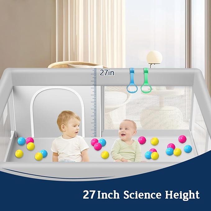 Baby Playpen with Balls and Pull Rings, 50x50 Inch Playpen for Babies and Toddlers Baby Playpen Fence Playard Activity Center, Without MAT Included