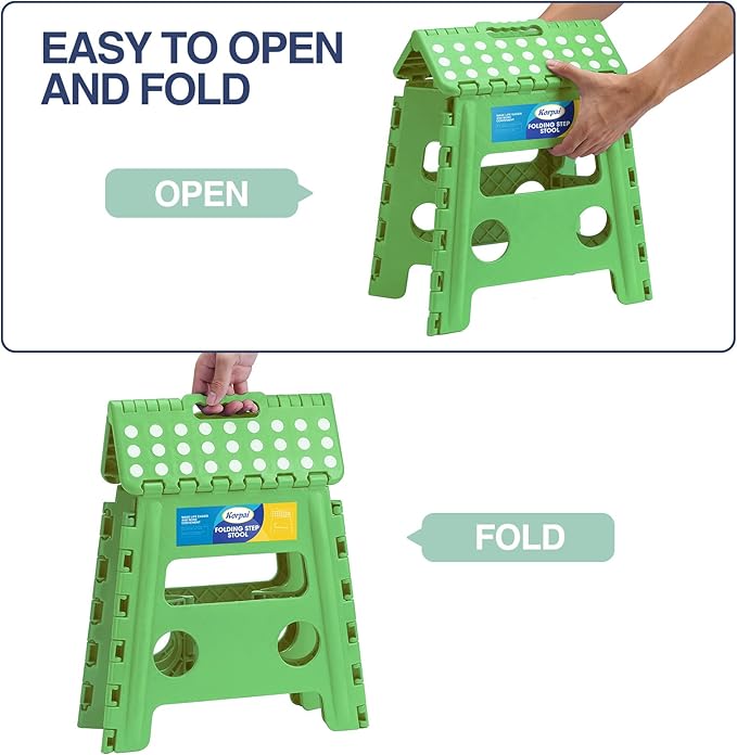 Korpai 13" Folding Step Stool for Adults and Kids Holds Up to 300 lbs,Non-Slip Folding Stools with Portable Handle, Compact Plastic Foldable Step Stool for Bathroom,Bedroom, Kitchen,Green,1PC