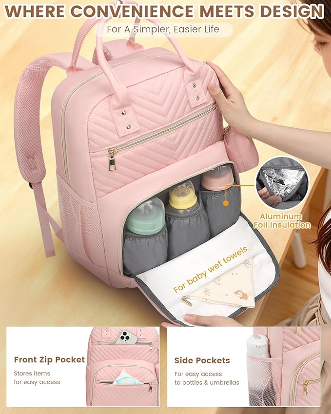 Pritent Diaper Bag Backpack,Baby Essentials Diapers Bag with Pacifier Case,Multipurpose Stylish Large Capacity Travel Backpack for Baby Girl/Boy(M-Pink)