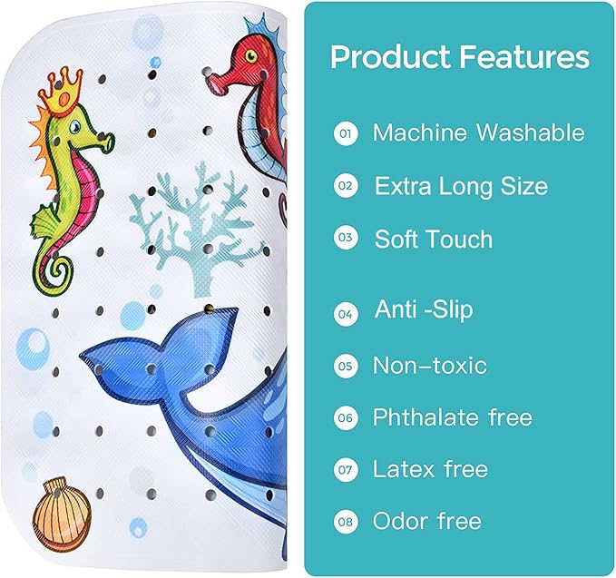 Tubozadi Baby Bath Mat for Tub Kids Non Slip Bathtub Mats Baby Extra Long 40X16 Inch Bathroom Toddler Anti Slip Shower Mat with Suction Cups & Drain Holes,Machine Washable,Whale
