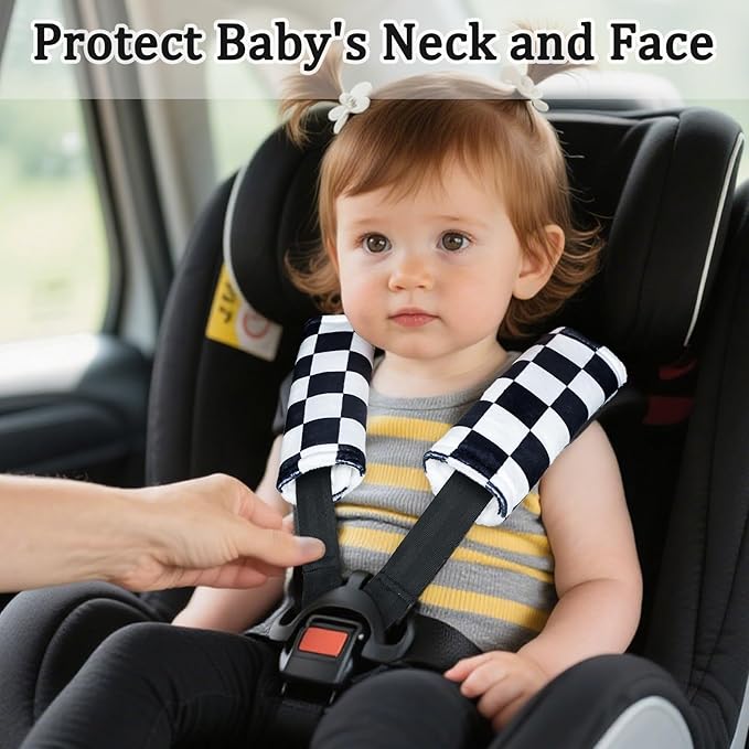 DILIMI Baby Car Seat Belt Covers, 2Pcs Carseat Shoulder Strap Pads, Soft Minky Car Seat Neck Covers, Newborn Car Seat Strap Protectors, Stroller Strap Covers for Baby Kids, Black Checkered