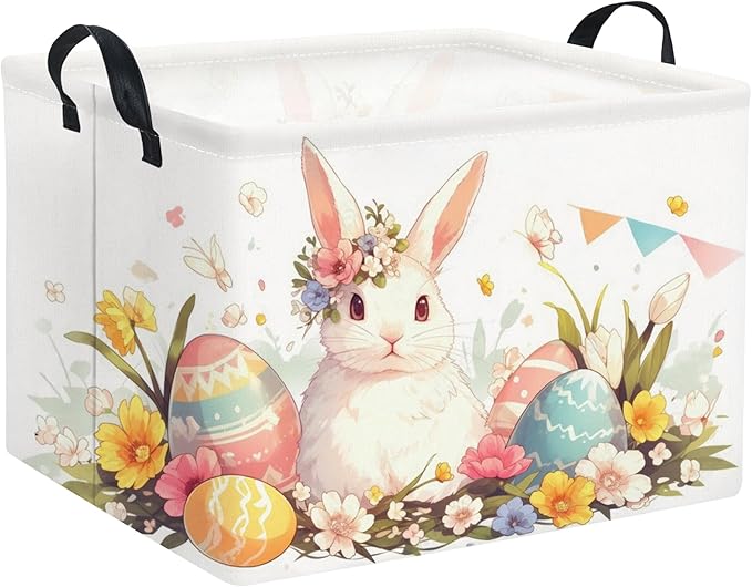 TIBAOLOVER Rectangular Easter Kids Storage Gift & Toy Bin Organizer Shelf Book Basket Room Decor (Flag Easter Bunny)