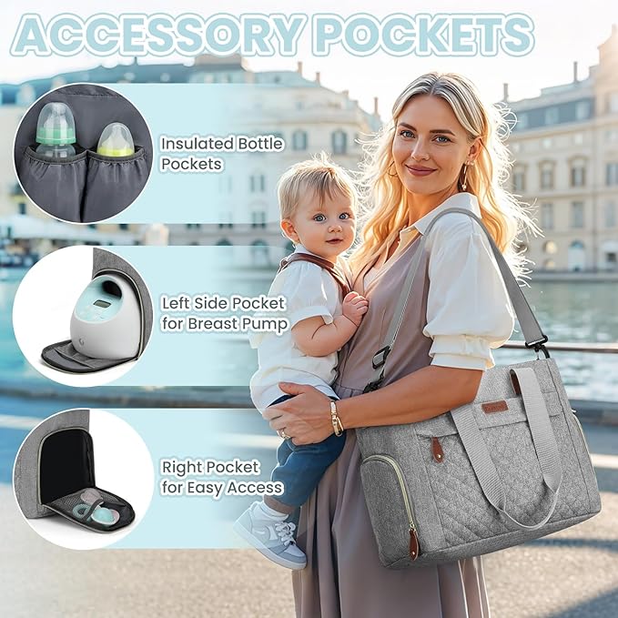 Pritent Diaper Bag Tote for Working Mom, Large Travel Diaper Tote for Mom and Dad with 14 Inch Laptop Sleeve, Mommy Maternity Travel Baby Bag for Boys and Girls, Grey