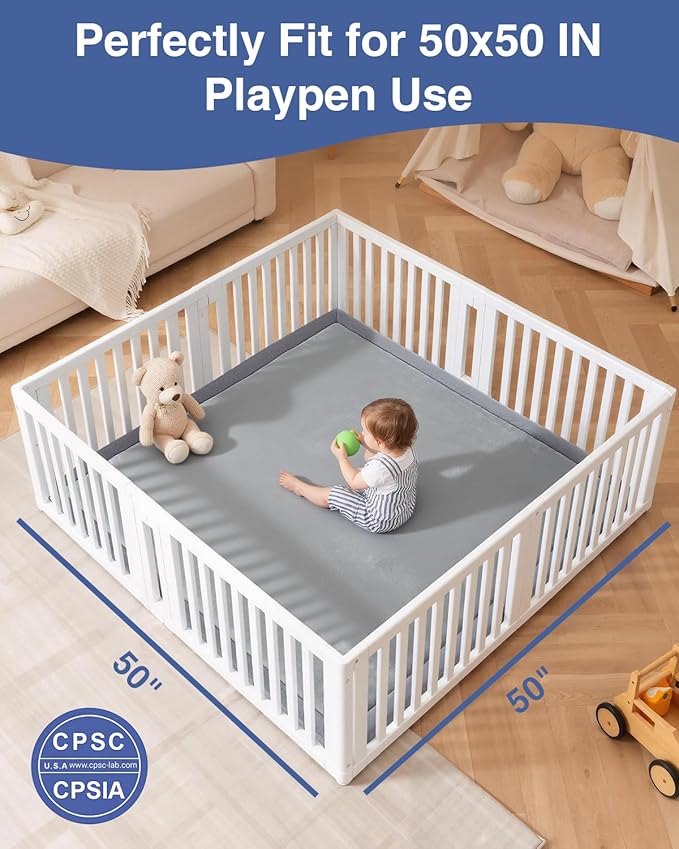 Baby Play Mat for Floor,1.3" Thick 50x50 Playpen Mat,Tummy Time Foam Mats,Plush Soft Padded Playmate for Babies 6-12 Months Crawling,Non-Slip Nursery Rug for Toddler Kids Playroom(Grey)