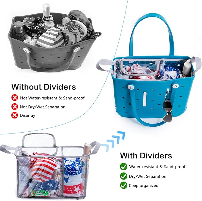 AMOIGEE Clear Beach Bag Organizer Insert with Zipper Closure Lid and 3pcs Accessories Compatible with Bogg Bag Medium- Tote Insert Bag Divider with Sunglasses Holder, Clips Hooks