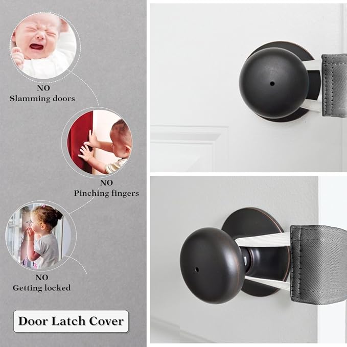 PONY DANCE Baby Door Latch Cover Closer - Nursery Door Silencer with Strong Elastic Straps, Thick Solid Cushion for Noise Reduction, Prevents Slamming, 3 Pieces, 4W x 2L Inches, Grey