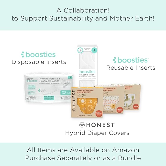Overnight Diaper Leak Stopper, Super Boosties Disposable Inserts, Use with Pampers Sizes 2-6, Honest Hybrid Diaper Cover Sz Small, Amazing Baby Cover Sz 2, Pocket-Sling Compatible, 4.3x11 in, 32 count