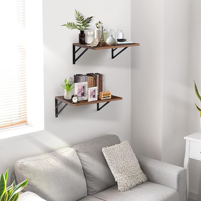 2 Pc Deep Floating Shelves ; Wall Mounted Hanging Shelves for Living Room, Kitchen, Office, Bathroom and Bedroom Decor; Storage and Display Shelf Set (Brown, 16W×12D)