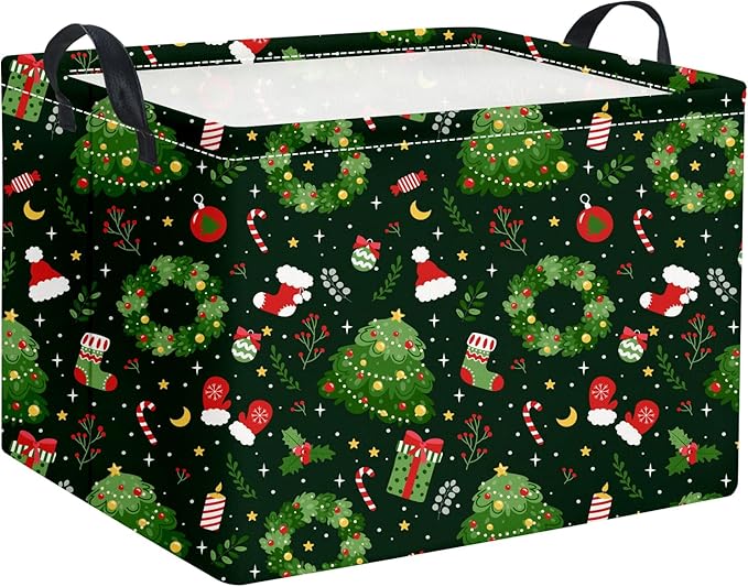 TIBAOLOVER Rectangular Christmas Basket Trick or Treat Spooky Boo Basket with Handles for Women Girls Cute Storage Bin Organizer(Green Christmas)