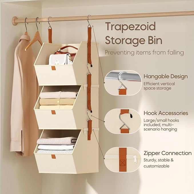 Collapsible Hanging Closet Organizer - 6 Tier Closet Shelves Storage System with Hooks, Fabric Hanging Storage Bins for Clothes, Foldable Storage Basket for Laundry, Bedroom, Rv, Beige