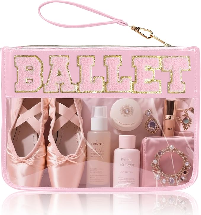 Chenille Letter Clear Zipper Pouch for Travel Preppy Patch Makeup Bag-Nylon Cosmetic Preppy Makeup Waterproof Organizer Bag Set for Women Valentines Bag (FS-BALLET)