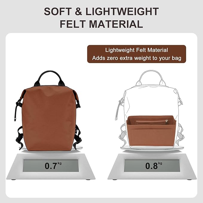Premium Felt Purse Organizer Insert Compatible with Long Champ Le Pliage L Backpack, Lightwieight Bag Divider Shaper with 8 Pockets & YKK Zipper, Brown/LB
