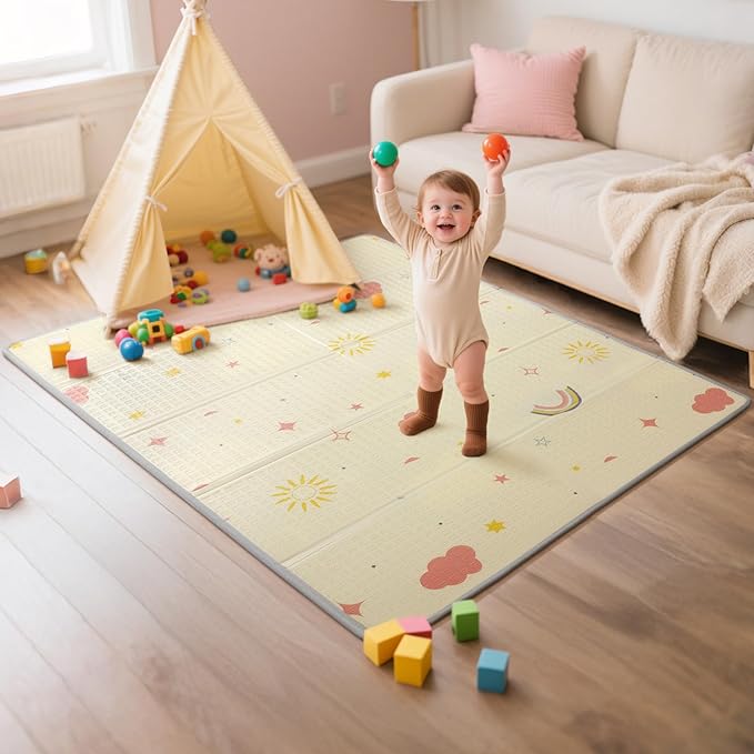 Mallify Foldable Play Mat, Reversible Baby Play Mat with Edge Reinforcement, Non-Toxic & Waterproof Baby Mat for Floor, Foam Playmat for Infants Toddlers, Rainbow, Cloud & Moon, 50''x50''