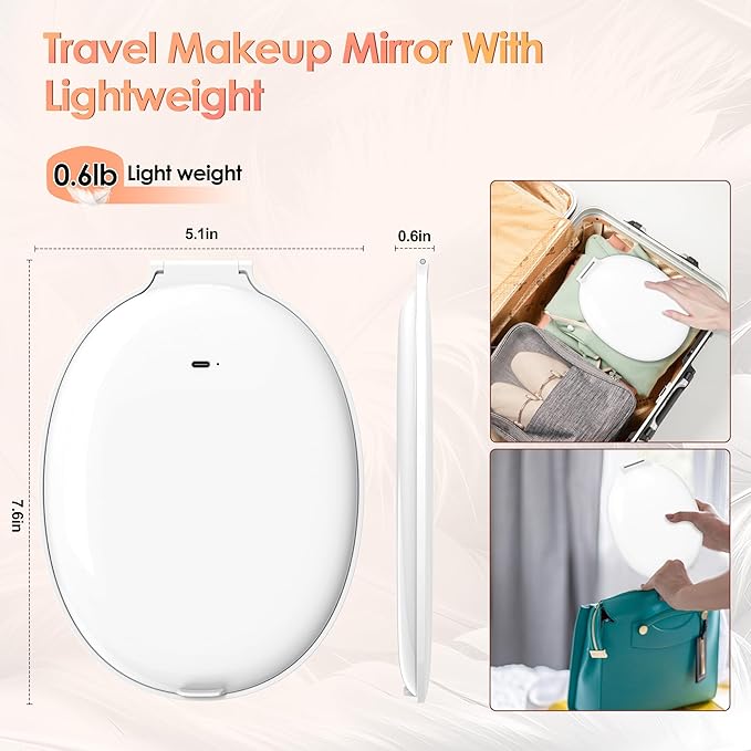 Travel Makeup Mirror with Light: 3 Color Lighting Portable Mirror with Touch Screen Rechargeable Adjustable LED Lights Hexagon Vanity Mirror for Travel, Desk, Home (Round White)