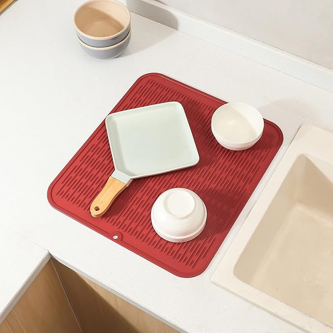 MicoYang Silicone Dish Drying Mat for Multiple Usage,Easy clean,Eco-friendly,Heat-resistant Silicone Mat for Kitchen Counter or Sink,Refrigerator or Drawer Liner Red XL 18 inches x 16 inches