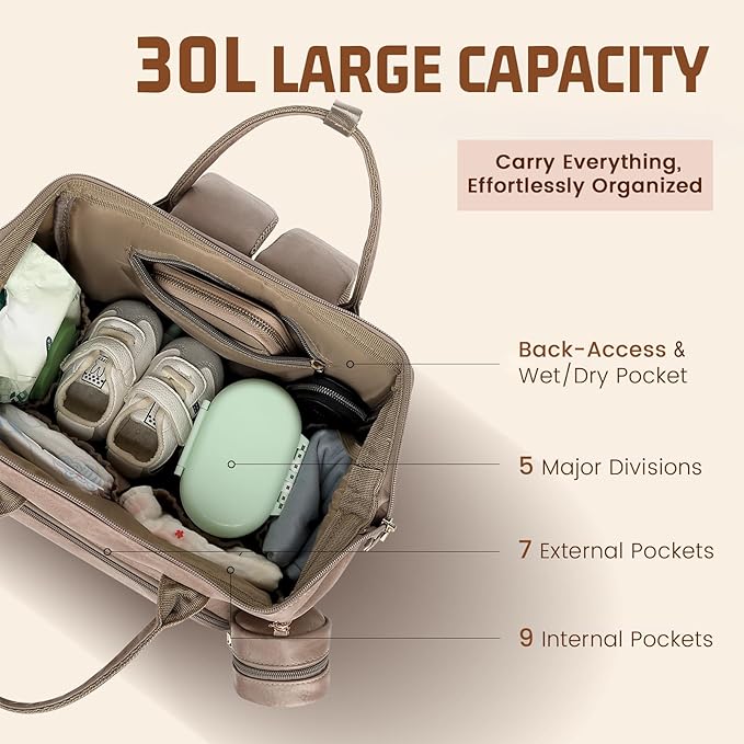 ROSEGIN Premium Vegan Leather Diaper Bag Backpack with Waterproof Changing Pad – Reinforced Stitching & Zippers, Baby Bag for Boy Girl, Stroller Straps, Ergonomic Design for Traveling Moms, Taupe