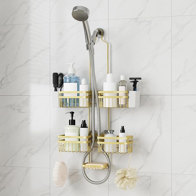 Shower Caddy Hanging for Bathroom Organizers and Storage - 3-Tier Adjustable Anti-Swing Shower Organizer Hanging with Heavy-Duty Suction Cups, Damage-Free Rustproof (Gold)