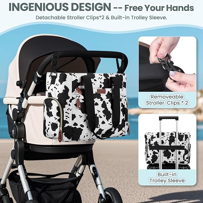 Pritent Diaper Bag Tote for Working Mom, Large Travel Diaper Tote for Mom and Dad with 14 Inch Laptop Sleeve, Mommy Maternity Travel Baby Bag for Boys and Girls, Cowprint