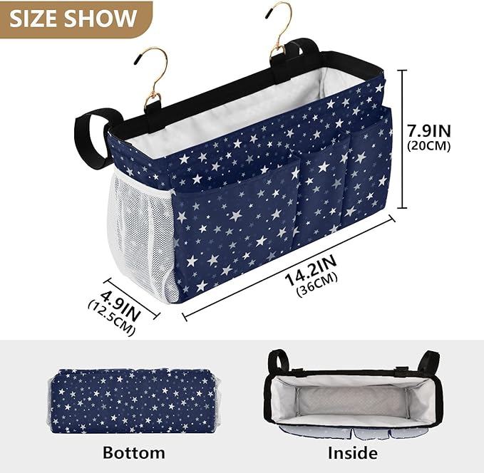 Bedside Caddy Hanging Bunk Bed Caddy Bed Organizer Hanging Pocket with 2 Hooks Bedside Storage Organizer Pocket Bag Holder Stars Dark Blue